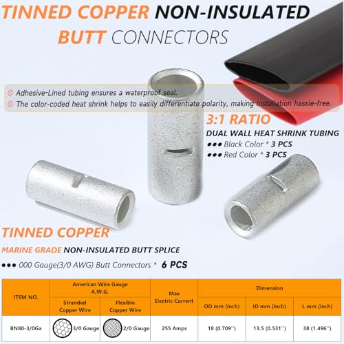 SVAAR 6PCS 000 Gauge Non Insulated Butt Connectors 3/0 AWG Uninsulated Butt Splice Connectors Crimp Repair Butt Splices Kit Tinned Copper Seamless Barrel Butt Splice Terminals & 6PCS 3:1 Heat Shrinks - size: 000 (3/0) AWG