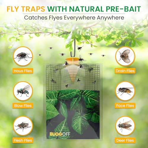 BUGGOFF - 4 Pack Outdoor use only, Disposabe Hanging Fly Traps with Natural Pre-Bait, Catches Flyes everywhere anywhere, Stables, Ranches, Cottages and More. Discrete design, Easy fill and hang setup!