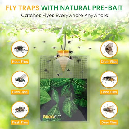 BUGGOFF - 4 Pack Outdoor use only, Disposabe Hanging Fly Traps with Natural Pre-Bait, Catches Flyes everywhere anywhere, Stables, Ranches, Cottages and More. Discrete design, Easy fill and hang setup!