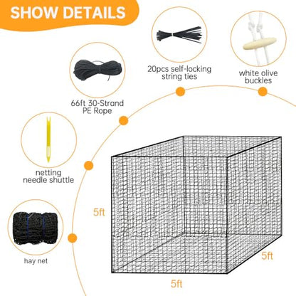 Round Bale Hay Net 5x5ft LargeRound Bale Hay Nets for Horses HeavyDuty Slow Feed Hay Net Black KnotlessDesign for Horse, Cattle, Goat