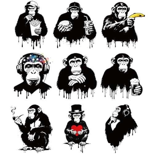 arricraft 9 Sheets Chimpanzee Theme Iron on Stickers, Black Gorilla Pattern Print Transfer Stickers Decals for DIY T-Shirt Jeans Backpacks Families Clothing Hat Decoration Applique - style: Chimpanzee Theme