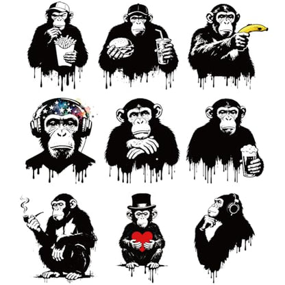 arricraft 9 Sheets Chimpanzee Theme Iron on Stickers, Black Gorilla Pattern Print Transfer Stickers Decals for DIY T-Shirt Jeans Backpacks Families Clothing Hat Decoration Applique - style: Chimpanzee Theme