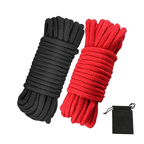 Soft Cotton Rope, 32 feet / 10m Rope, 8mm Thick, Soft Rope, Long Rope, Soft Tying Rope (Black+Red+Bag)
