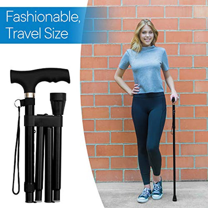 RMS Folding Cane, Adjustable, Lightweight Offset Walking Cane | Aluminum Collapsible Walking Stick with Ergonomic Derby Handle, cane folds for travel and storage - color: Black