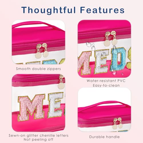 uekeboag Chenille Letter MEDS Clear Medicine Makeup Bag(01Hot Pink) | Personalized Transparent Large Waterproof Nylon Cosmetic Toiletry bag with Top Handle, Meds First Aid Travel Organizer - color: 01Hot Pink