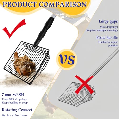 DAMAH 2-in-1 Chicken Poop Scooper & Rake, Adjustable 23-46" Stainless Steel Handle, Litter Scooper & Sand Sifting Shovel for Chicken Coop Goat Stall and Stable Cleaning