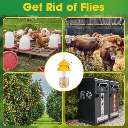 Outdoor Fly Trap, 2 Pack Reusable Hanging Fly Traps with 12 Bait Refills | Includes 12 Non-Toxic Dissolvable Bait Refills for Catching House, Barn, Filth Flies Around Patios, Yards, Farms, Ranches