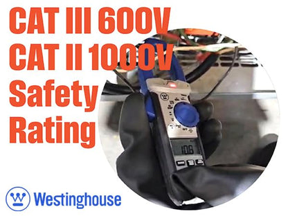 Westinghouse True RMS Digital Auto-Ranging 6000 Counts Clamp Meter, Current to 600 A, AC/DC Voltage to 1000 V, Resistance and Continuity, with Relative Mode and VFD, Incl. Case and 2 Year Warranty