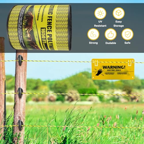 NQN Upgrade Electric Fence Polywire 1650FT,500 Meters, 6 Stainless Steel Strands for Reliable Conductivity, Portable Electric Fencing, UV Resistant, Rust Resistant, Highly Conductive, Easy to Install - size: 1650 Feet