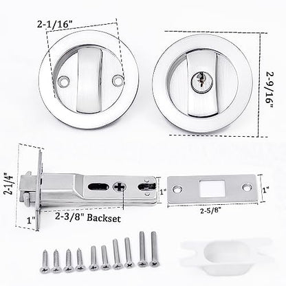 Dontay Pocket Door Keyed Lock, Round Contemporary Entrance Sliding Barn Door Lock Latch, Recessed 2 Sided, 2-3/8 inch Backset, Flush Handles Hardware(Brushed Nickel,2) - color: Brushed Nickel