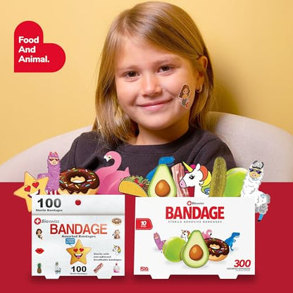 BioSwiss Bandages, Assorted Animal, Fun, and Food Shaped Self Adhesive Bandage Set, Latex Free, Sterile Wound Care, 100 Count (Pack of 2) - size: 100 Piece Assortment (Pack of 2), style: Assorted Shapes