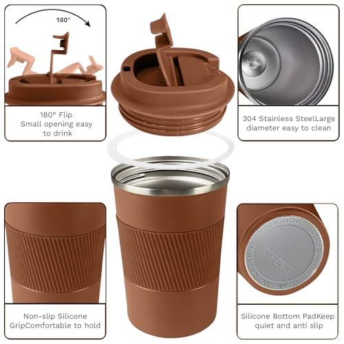 Insulated Travel Coffee Mug, Stainless Steel Coffee Cup with Leakproof Lid - color: Brown, size: 12 Ounces