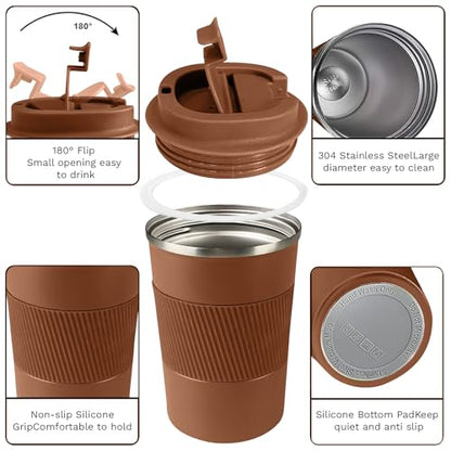 Insulated Travel Coffee Mug, Stainless Steel Coffee Cup with Leakproof Lid - color: Brown, size: 12 Ounces