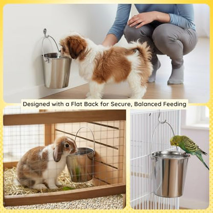 2 quart Stainless Steel Flat Side Bucket | 0.5 gal Durable Heavy Duty Food & Water Feeding Pails for Small Pet Birds Dog Cat | Fits kennel Cages Critter Crates Hanging Pail | Multipurpose - size: 2 Quarts