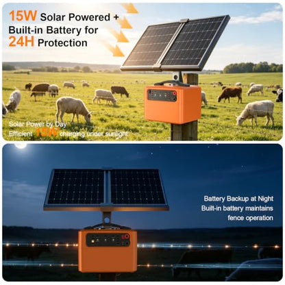 30 Miles Solar Electric Fence Charger, 15W Solar Powered Electric Fence Kit with 6–12KV & 0.3–1.5J Adjustable Output, Battery Level LCD Display, All-Weather for Livestock, Farm, Garden