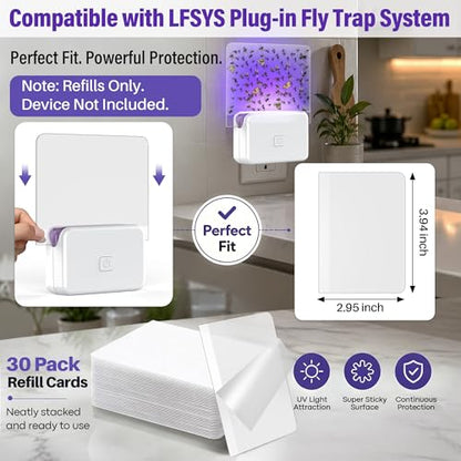 30 Pack Fly Traps Refill Cards (Refills Only) Compatible with LFSYS Plug in UV Light Fly Trap, Sticky Glue Board Refill for Fruit Flies, Gnats & Mosquitoes, Plug in Flying Trap Refills Indoor