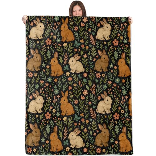 Adorable Bunny Blanket,50x60in,Cozy Flannel Throw with Brown and Cream Rabbit Wildflower on Black Design,Soft Lightweight Gifts Blankets for Women,Sofa Bed Travel Spring Woodland Decor - color: Bunny, size: 60"x50"