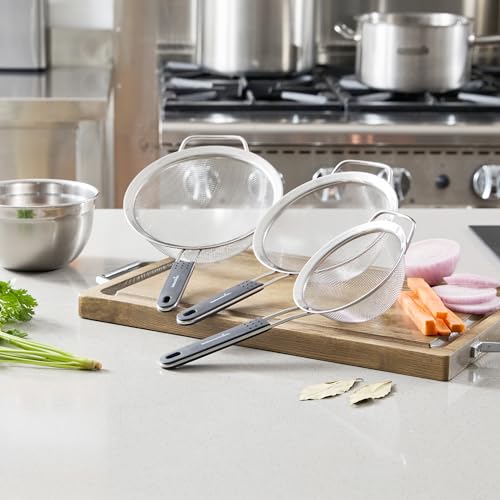 Restaurantware Fine Mesh Strainer Set of 3 Different Sizes with Silicone Handle Stainless Steel Extra Fine Mesh Strainer Heat-Resistant Handle Dishwasher-Safe for Rice, Quinoa, Pasta - size: Standard, Extra Fine Mesh-3-Piece Set
