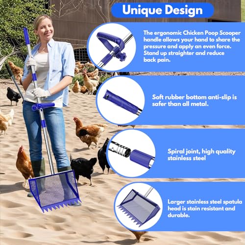 Chicken Poop Scooper Rake 2-in-1,304 Stainless Steel Shovel Head, Chicken Litter Scoop with Handle for Chicken Coop for Sand, Pet Waste Cleaning, Litter Sifting Shovel (35 to 65") (Blue, 10inch) - color: Blue
