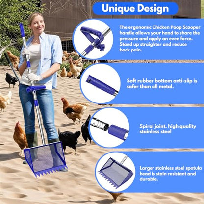 Chicken Poop Scooper Rake 2-in-1,304 Stainless Steel Shovel Head, Chicken Litter Scoop with Handle for Chicken Coop for Sand, Pet Waste Cleaning, Litter Sifting Shovel (35 to 65") (Blue, 10inch) - color: Blue