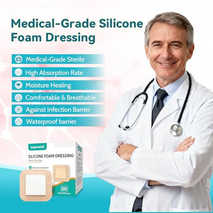 20 Pack Silicone Foam Dressing 4"x4" Gentle Border, Waterproof Silicone Bandages for Wounds Care, Super Absorbent Wound Dressing, Bed Sore Patches, Self Adhesive Pressure Sore Pads