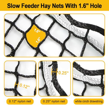 6x6ft Round Bale Hay Net for Horses, Heavy Duty Slow Feed Hay Net with 1.6" Mesh, Black Nylon Hay Feeder for Horses, Cattle, Goats, Includes Free Repair Kit, Reduce Waste - size: 6x6FT
