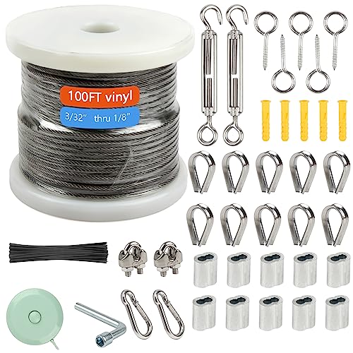 Shineyoo 1/8" Wire Rope Kit - Steel Wire, 100FT Turnbuckles for Cables, Vinyl Coated Stainless Steel Cable for Outdoor, Garden, Kitchen, Craft - style: 100FT