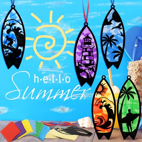 AmazingSpark 30 Pcs Surfboard Suncatcher Craft Kit, Summer Beach DIY Art | Stained Glass Effect Tissue Paper, 6 Ocean Designs, Includes Frames and Colorful Papers, Bulk for Party Activities - style: Beach Surfboard