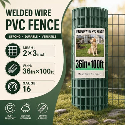 Garden Fence Black PVC Coated Welded Wire Fencing 36 Inch x 100 Foot, 2 Inch x 3 Inch 16GA Green - color: Green, size: 36"×100'
