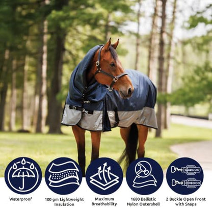 Country Pride Gale Force Full Neck Turnout Blanket, 1680D Waterproof Blanket, 100g Insulation, Lightweight Adjustable Double Buckle Front, Bias Surcingle, Shoulder Gussets,Navy and Grey (84) - size: 84