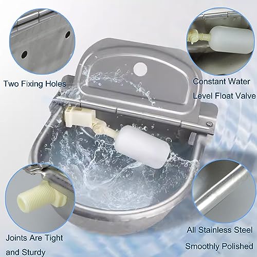 Automatic Animal Drinking Water Trough Bowl with Float Valve Stainless Steel Outdoor Waterer for Horses Dogs Goat Horses Dogs Goat Pig with Pipe Hose, Quick Connector Adapter