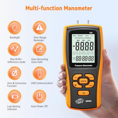 Digital Manometer Gas Pressure Tester, Professional Air Pressure Meter, Differential Pressure Gauge for HVAC, Gas Valve (GM520)