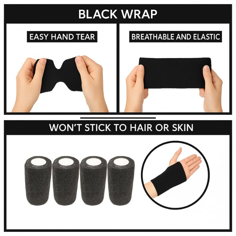 4" Cohesive Flexible Bandage Wrap – Black - Pack of 4 | Self-Adherent Vet Tape for Animal Wrapping, Support & Protection – Non-Slip, Breathable, Flexible Bandage for Livestock - color: Black