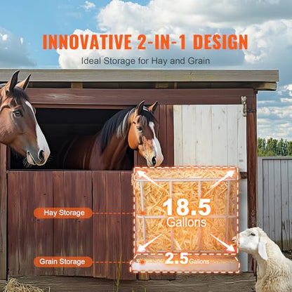 Happybuy Goat Hay Feeder, 21 Gallons Large Capacity, 2 in 1 Hay and Grain Feeder, Wall Mounted Livestock Feeder with Feed Tray, Multiple Sided Goat Hay Rack, Sturdy Steel Hay Rack for Sheep Horses