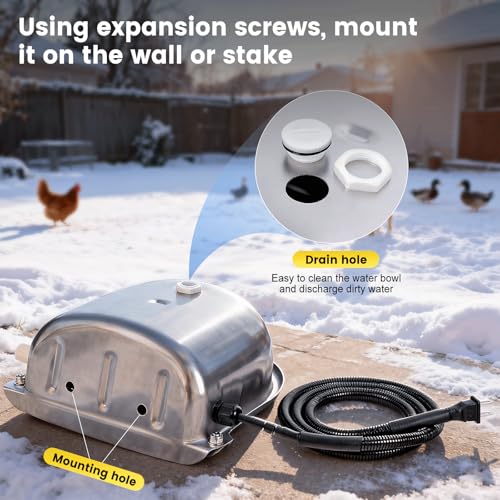 Heated Automatic Dog Water Bowl Dispenser Stainless Steel | Outdoor Heated Dog Bowl with Anti Chew Cord and Automatic Dog Water Dispenser for Dogs, Cats, Chicken, Ducks, Birds