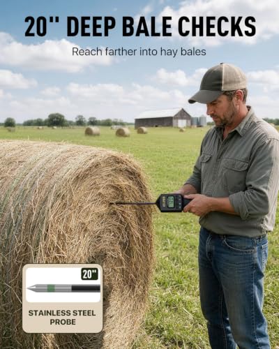 Hay Moisture Tester with 20" Probe, Moisture & Temperature Meter for Round and Square Hay Bales, Fast Backlit Readings, Calibration Clip Included, Black