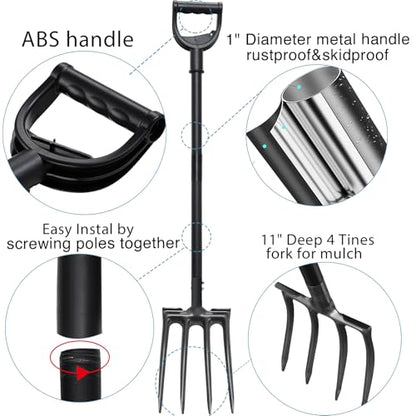 Pitch Fork, Metal Broadfork Garden Tool Long Handle, 4 Tine Mulch Hay Manure Digging Bedding Hay Potato Garden Fork Shovel for Gardening Loosening Soil Compost - size: 45"