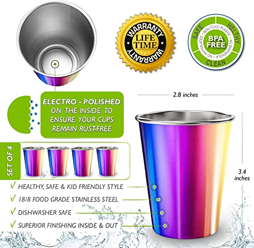 Stainless Steel Kids Cups 8 oz - Stainless Steel Small Children Cups for Home & Outdoor Activities, BPA Free Unbreakable Premium Stackable Metal Drinking Glasses (4-Pack) - Rainbow Colorful Finish - color: UV Rainbow, style: 8 oz