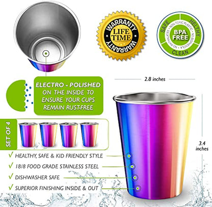 Stainless Steel Kids Cups 8 oz - Stainless Steel Small Children Cups for Home & Outdoor Activities, BPA Free Unbreakable Premium Stackable Metal Drinking Glasses (4-Pack) - Rainbow Colorful Finish - color: UV Rainbow, style: 8 oz