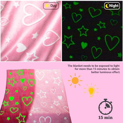 Glow in The Dark Pink Cute Love Throw Blanket with Storage Bag, Soft Throw Blankets, Gifts for Children Ages 1-10, Girls Kids Blanket, Day Care Home Office Travel Use, Pink - color: Pink Love