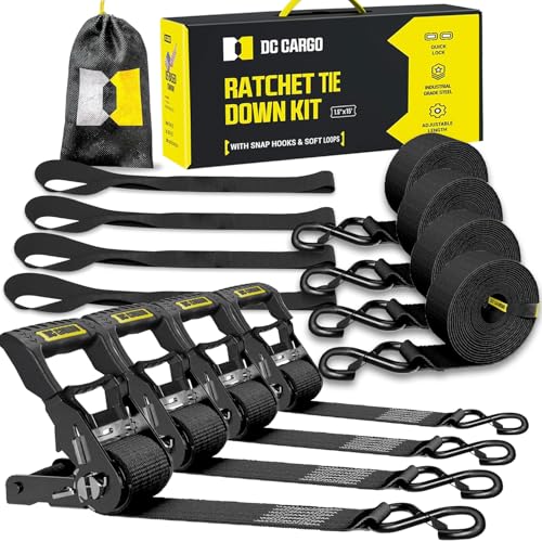 DC Cargo Mall Ratchet Straps Tie Downs 4 Pack (5,000 LB Break Strength) 1.5" x 15 Feet Tie Down Straps with Safety Lock S Hooks for Cargo, Trucks, Appliances, Moving. - size: 1.5" x 15' Kit
