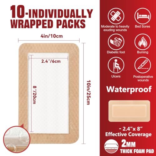 FRESINIDER Silicone Foam Dressing 4” x 10”, 10 Pack – Waterproof 5-Layer Bordered Silicone Foam Dressing, Large Adhesive Dressing for Long Surgical Incisions, Bedsores, Pressure Ulcers & Wound Care - color: 4" X 10" X 10pack