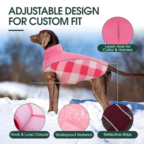 Kuoser Dog Winter Coat, Reversible Waterproof Dog Jacket with Reflective Strip, Warm Dogs Fleece Vest Adjustable Doggy Cold Weather Clothes Plaid Christmas Outfit Pet Apparel for Small Dogs, Pink S - color: Pink, size: Small (Chest Girth: 13.8-17.3'' )