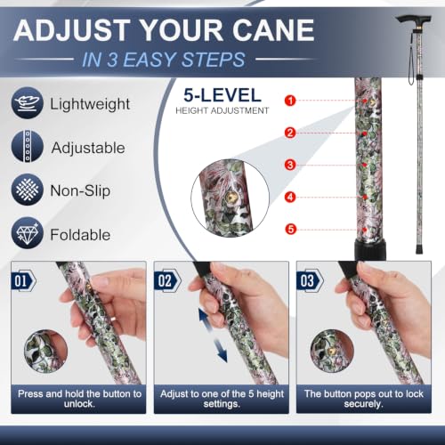 supregear Folding Cane, 5-Level Adjustable Height Walking Stick Lightweight Collapsible Portable Travel Cane with Wrist Strap and T Handle for Elderly Disabled Men Women - color: Grass Green