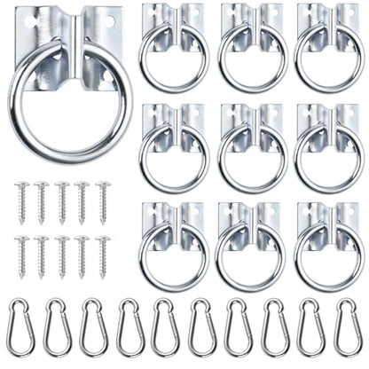 10 Pcs Cross Tie Ring Set, Horse Trailer Tie Ring with 10 Spring Snap Hook and 40 Screws, Tie Down Ring for Stall, Trailer, Barn, Racetrack, Pasture