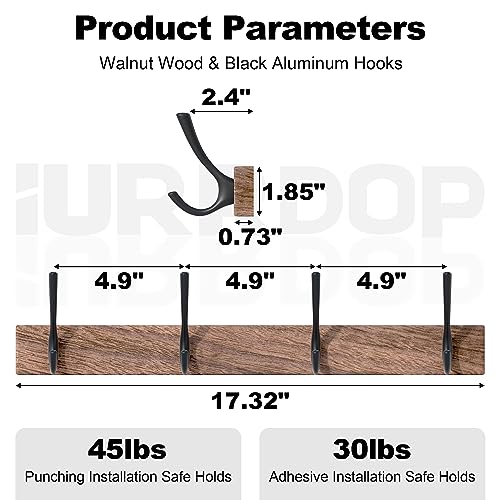17 Inch Walnut Wood Wall Mounted Coat Rack with 4 Black Double Hooks, Adhesive Mounted Entryway Hooks, Modern Natural Wooden Pegs for Hanging Coat Clothes Hat Bag Purse Key and Towel - color: Coat Rack with 4 Black Hooks
