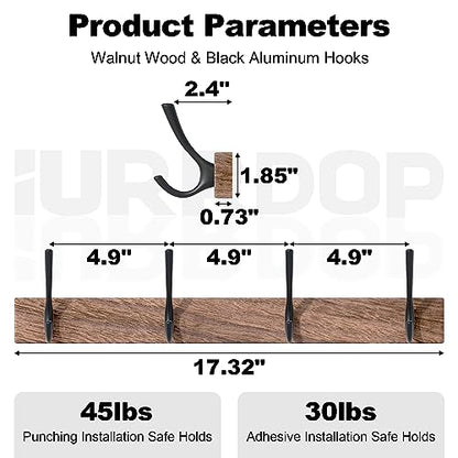 17 Inch Walnut Wood Wall Mounted Coat Rack with 4 Black Double Hooks, Adhesive Mounted Entryway Hooks, Modern Natural Wooden Pegs for Hanging Coat Clothes Hat Bag Purse Key and Towel - color: Coat Rack with 4 Black Hooks