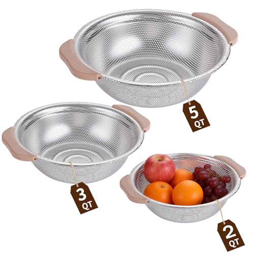 Colander Set with Plastic Handles, Stainless Steel Micro-Perforated Colanders Strainers for Draining Rinsing Washing, Ideal for Pasta Vegetables Fruits, Heavy Duty & Dishwasher Safe - color: Khaki
