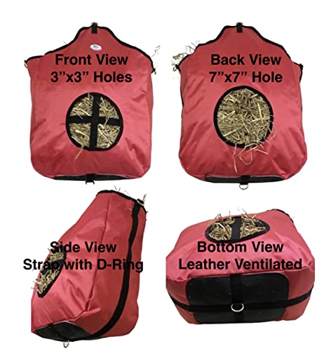 Majestic Ally Nylon Hay Feeder Tote Bag for Horse, Goat, Sheep - Double Sides Open Feed Hole with Faux Leather Ventilated Bottom- Premium Quality (Red) - color: Red