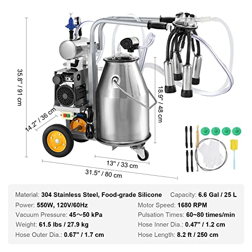 VEVOR Electric Cow Milking Machine 6.6 Gal/25 L Milker 304 Stainless Steel - size: 25 L